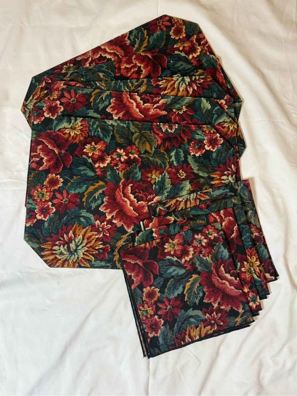 Floral Tapestry Table Placemats and Napkins Set - Deep Red & Teal
